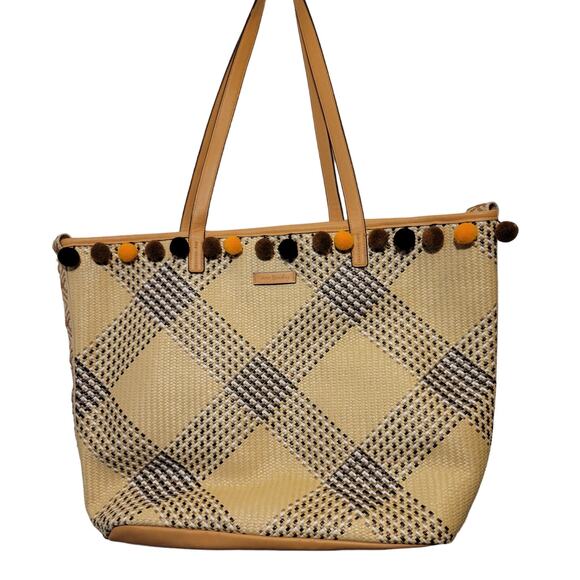 Vera Bradley Woven Natural Straw Beach Bag Tan Blue Pom Poms Orange Brown Black - Picture 1 of 10
